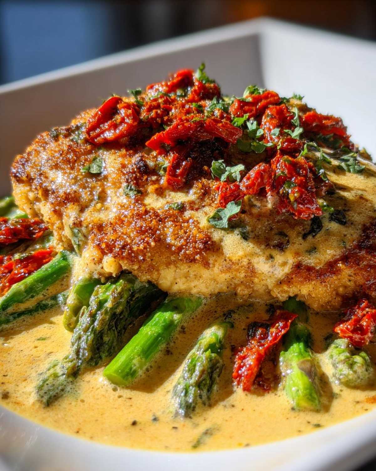 Close-up of Cheesy Baked Chicken with Cream Sauce, topped with sun-dried tomatoes and served over bright green asparagus.