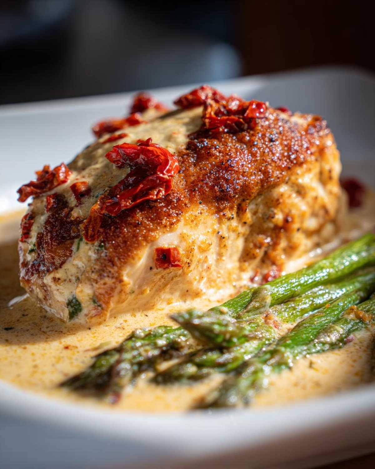 Close-up of Cheesy Baked Chicken with Cream Sauce topped with sun-dried tomatoes, served with asparagus.