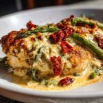 Close-up of Cheesy Baked Chicken with Cream Sauce, topped with asparagus and sun-dried tomatoes.