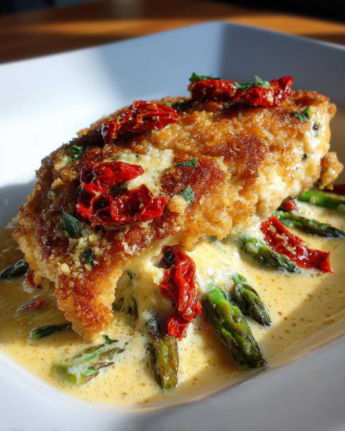 Close-up of Cheesy Baked Chicken with Cream Sauce, topped with sun-dried tomatoes and served over asparagus.