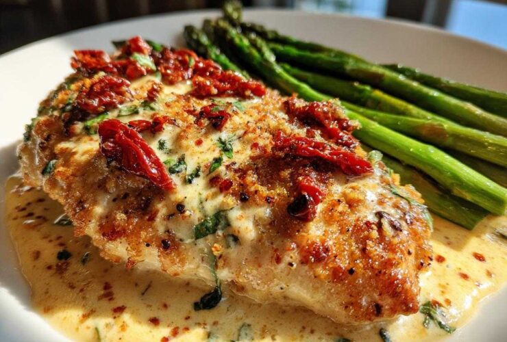 A golden-brown Cheesy Baked Chicken with Cream Sauce topped with sun-dried tomatoes, served next to bright green asparagus.