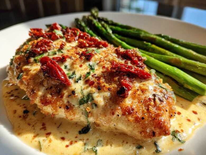 A golden-brown Cheesy Baked Chicken with Cream Sauce topped with sun-dried tomatoes, served next to bright green asparagus.