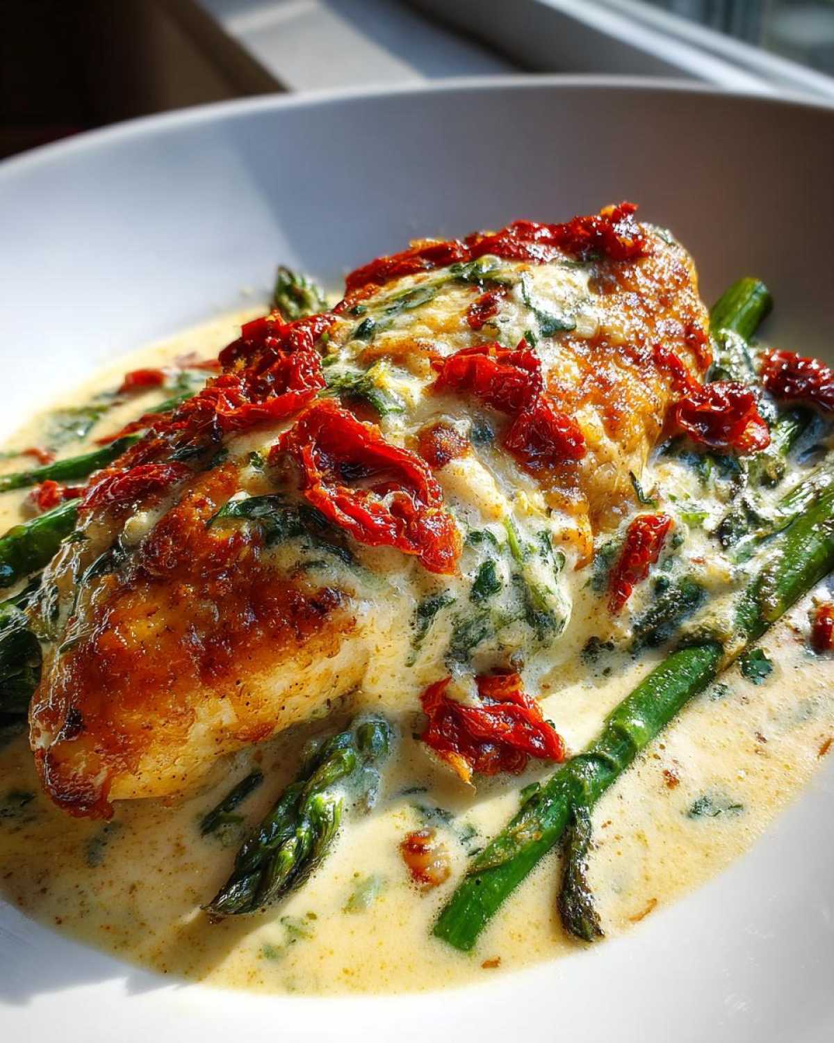 Close-up of Cheesy Baked Chicken with Cream Sauce, topped with sun-dried tomatoes and served over asparagus.