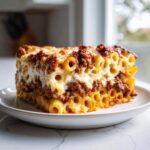 A thick, square slice of Cheesy Baked Ziti with Ground Beef and Sauce showing layers of pasta, meat sauce, and melted cheese.