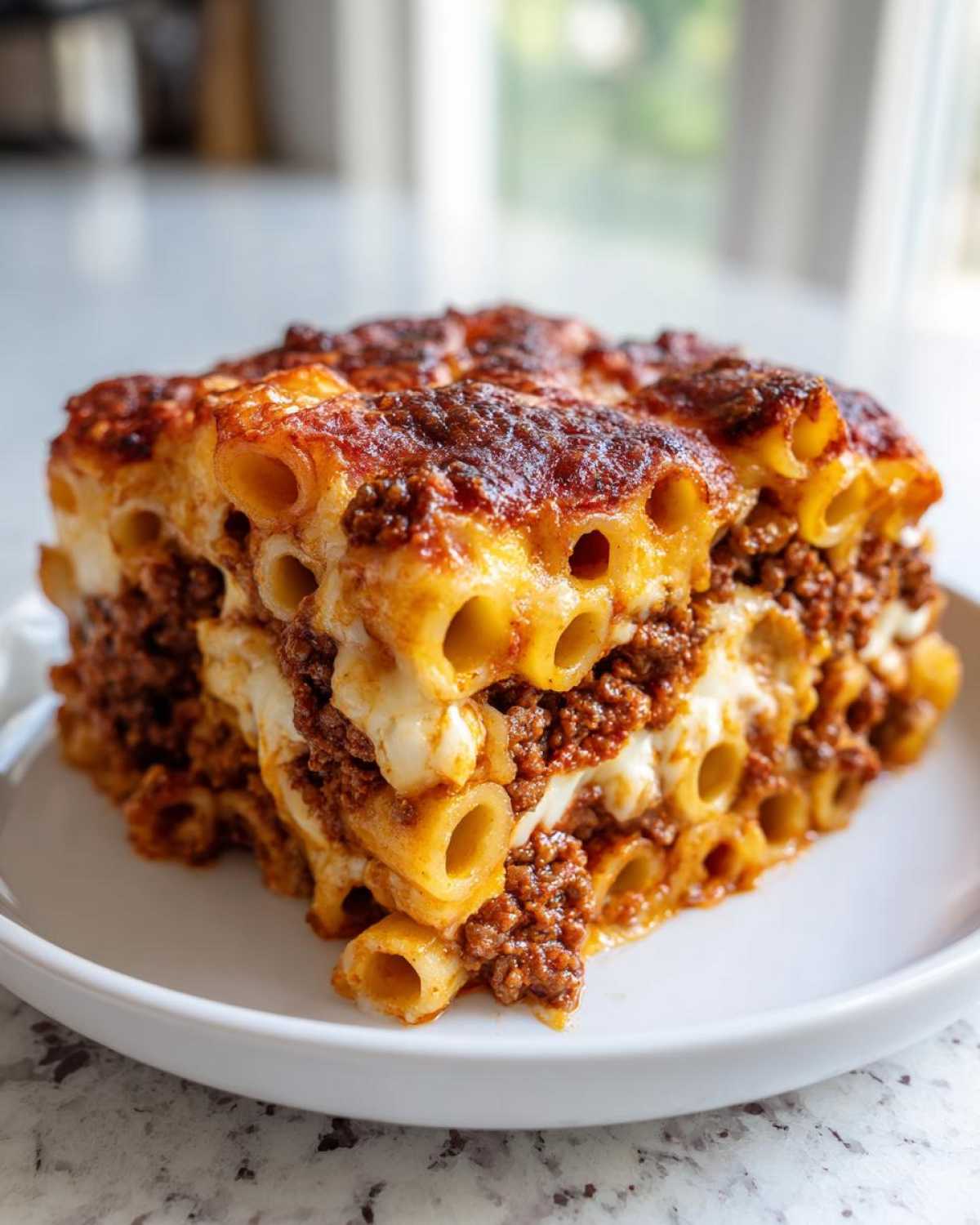 A thick, layered slice of Cheesy Baked Ziti with Ground Beef and Sauce, showing baked pasta tubes, meat sauce, and melted cheese.