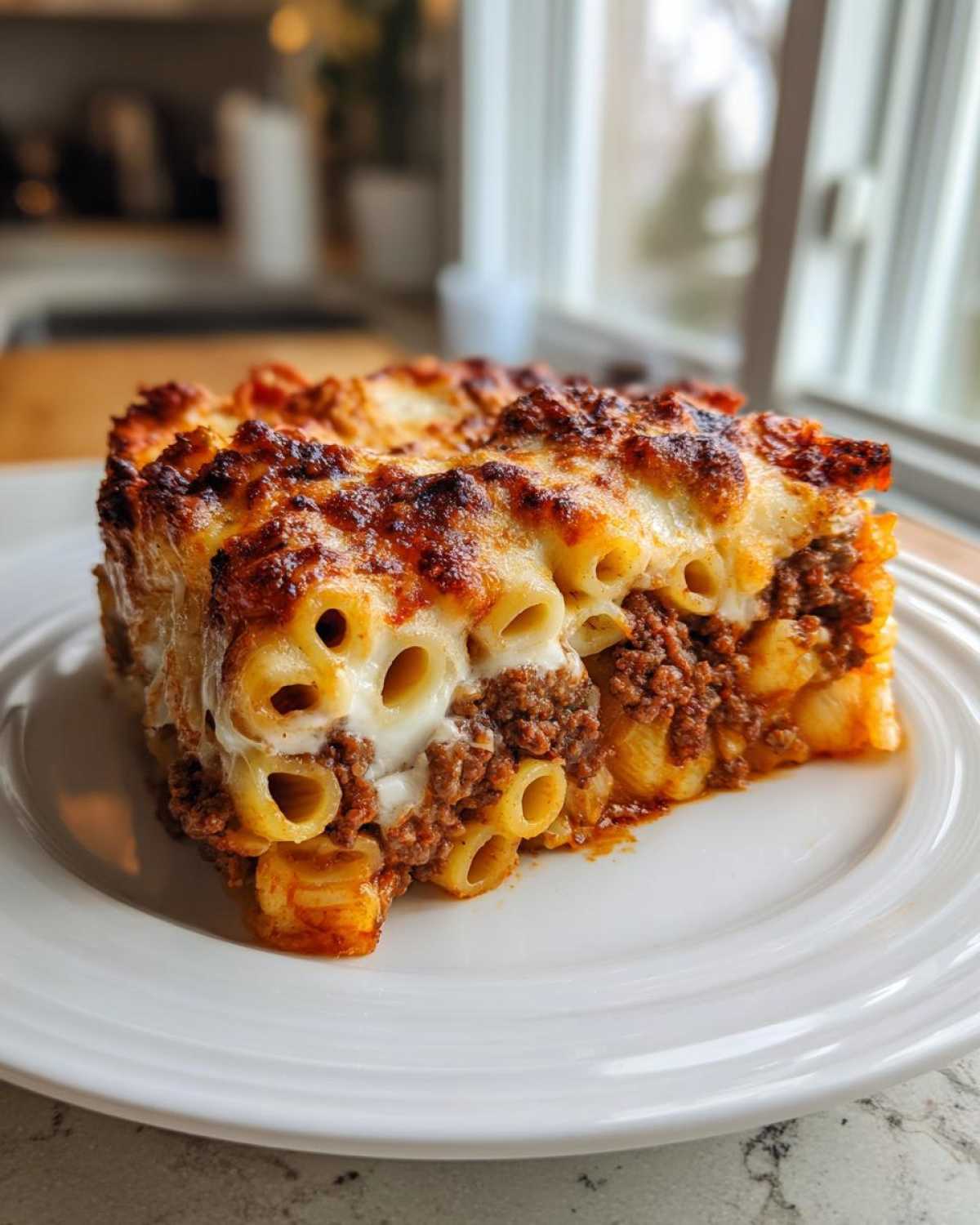 A generous serving of Cheesy Baked Ziti with Ground Beef and Sauce, showing layers of ziti pasta, meat sauce, and a bubbly, browned cheese top.