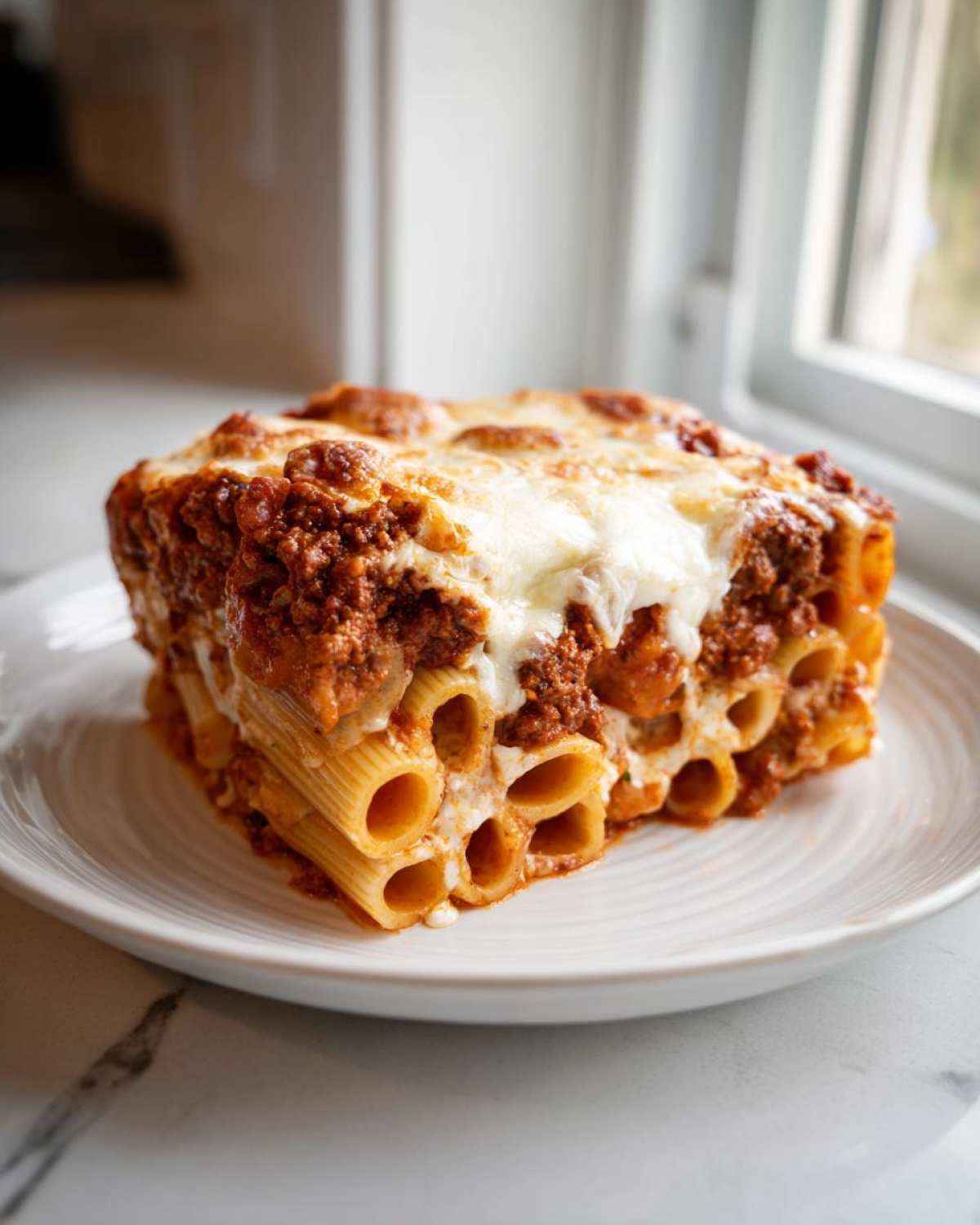 A perfect slice of Cheesy Baked Ziti with Ground Beef and Sauce, showing layers of ziti pasta, meat sauce, and melted cheese.