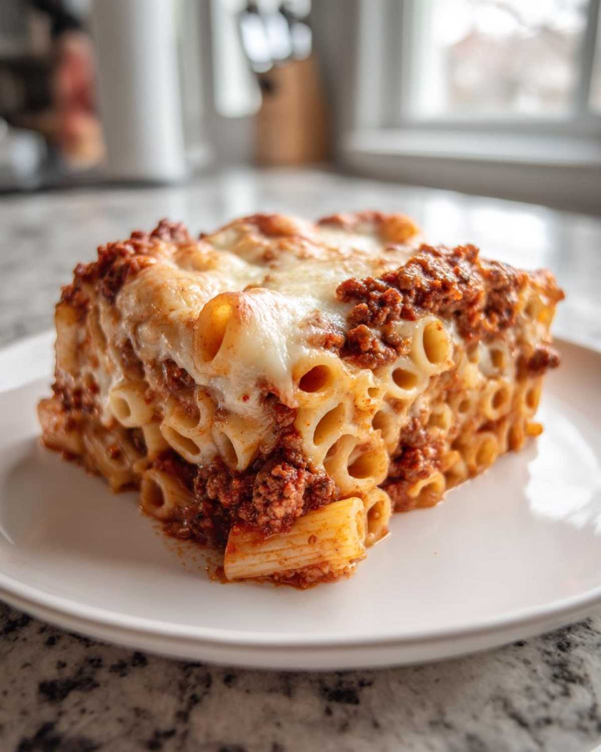 A generous square slice of Cheesy Baked Ziti with Ground Beef and Sauce, topped with melted mozzarella.