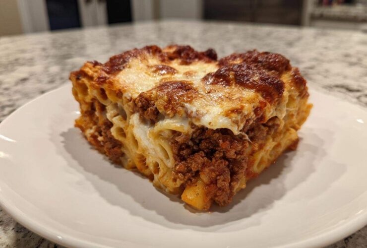 A generous square slice of Cheesy Baked Ziti with Ground Beef and Sauce, showing layers of pasta, meat sauce, and melted browned cheese topping.