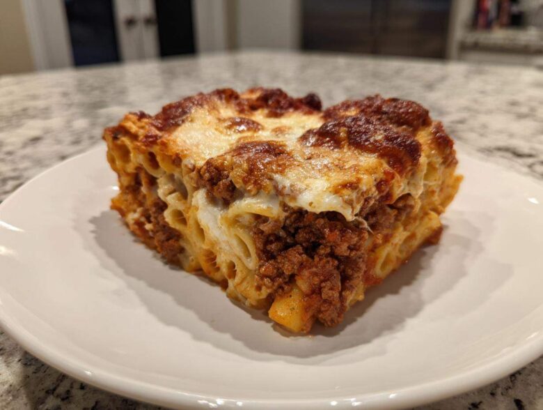 A generous square slice of Cheesy Baked Ziti with Ground Beef and Sauce, showing layers of pasta, meat sauce, and melted browned cheese topping.