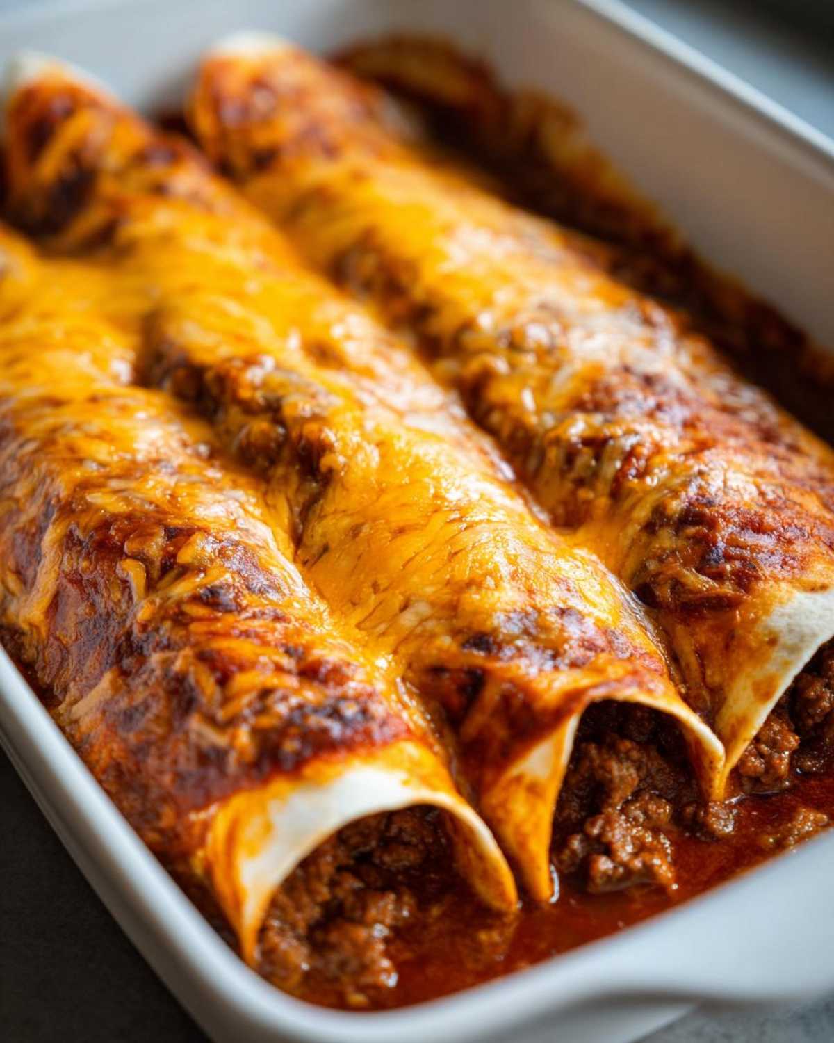 Close-up of three baked Cheesy Beef Enchiladas with Rich Sauce, covered in melted orange cheese in a white baking dish.