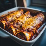 Close-up of baked Cheesy Beef Enchiladas with Rich Sauce, bubbling in a white baking dish.