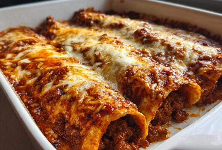 Close-up of baked Cheesy Beef Enchiladas with Rich Sauce, covered in melted, bubbly cheese in a white baking dish.