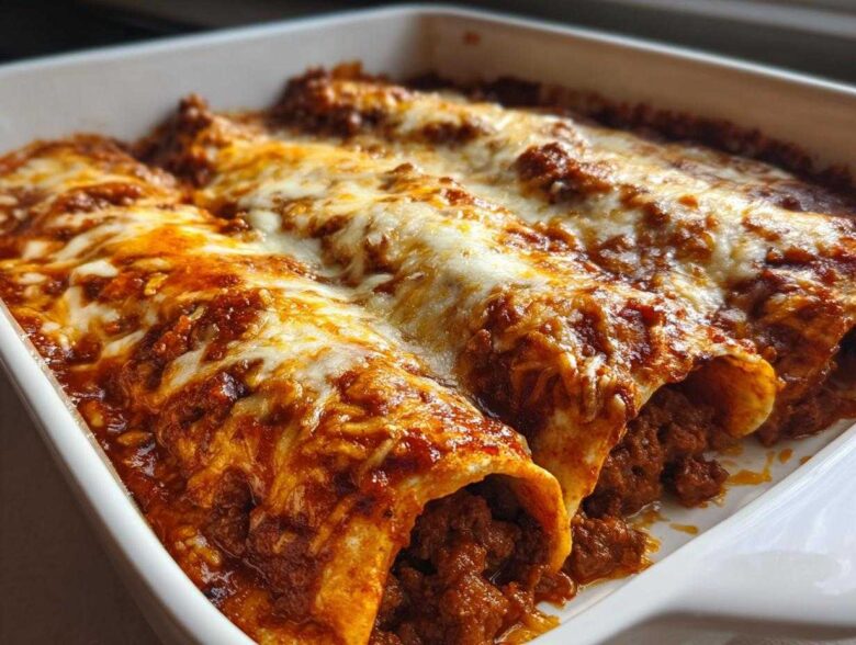 Close-up of baked Cheesy Beef Enchiladas with Rich Sauce, covered in melted, bubbly cheese in a white baking dish.