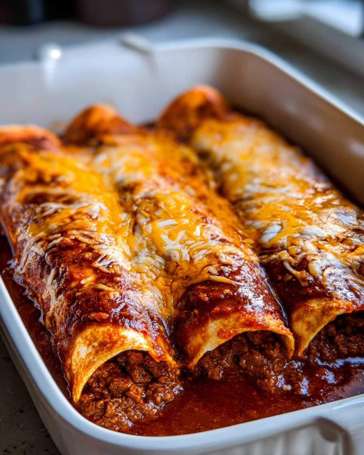 Close-up of baked Cheesy Beef Enchiladas with rich red sauce and melted cheese in a white baking dish.