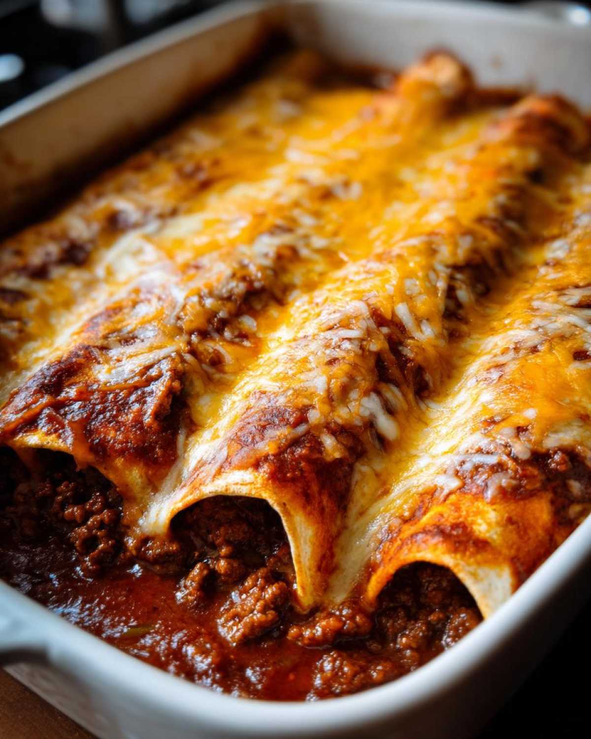 Close-up of baked Cheesy Beef Enchiladas covered in melted cheddar and Monterey Jack cheese in a white baking dish.