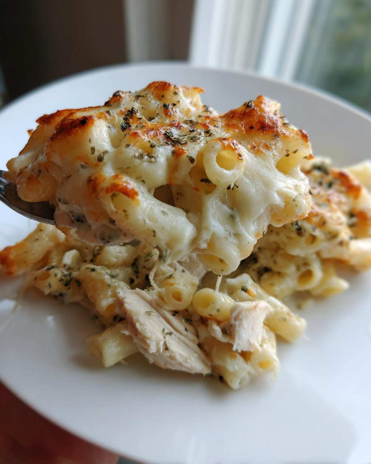 A spoonful of Cheesy Chicken Alfredo Pasta Bake with melted mozzarella cheese and herbs being lifted from a white plate.