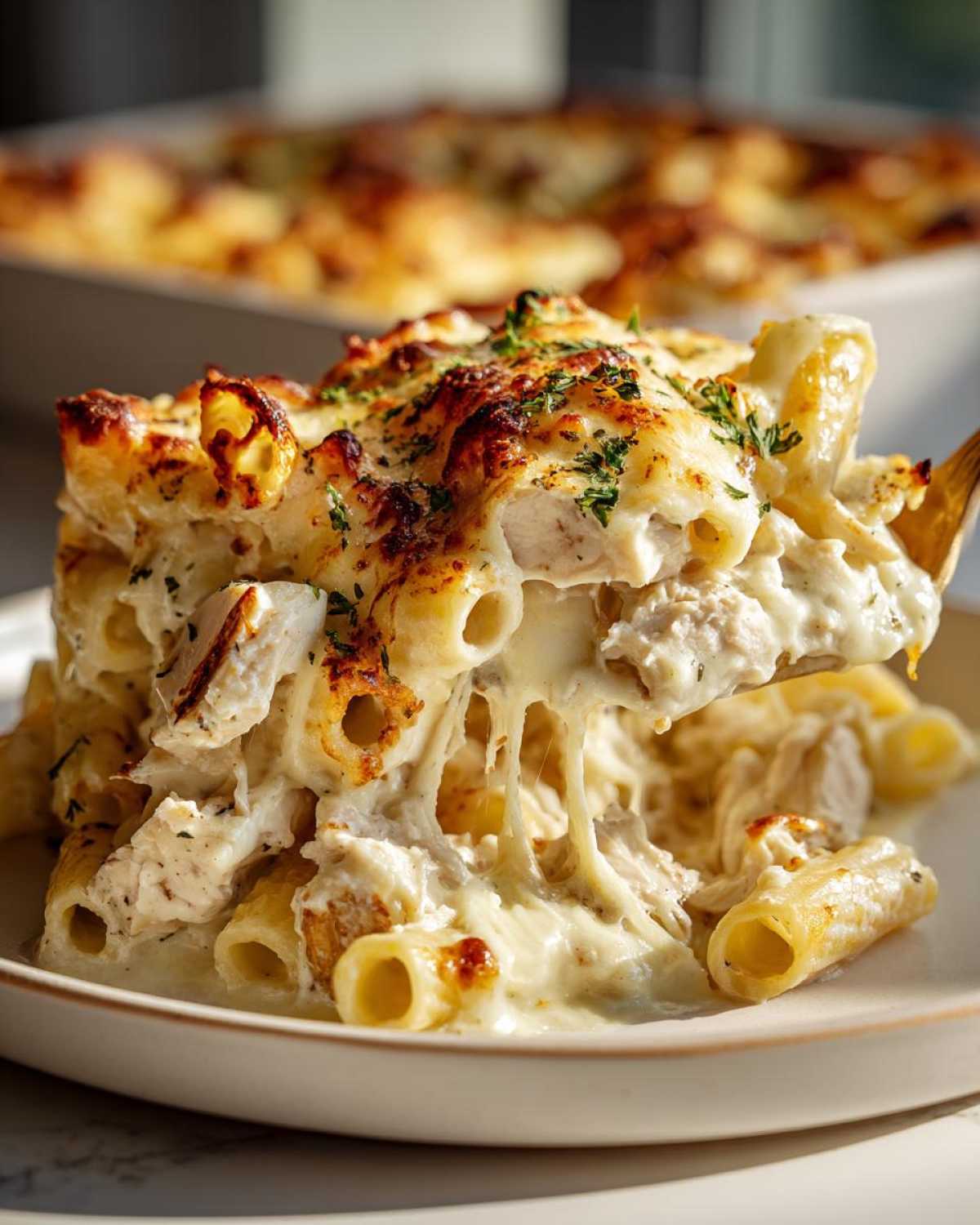 A serving of Cheesy Chicken Alfredo Pasta Bake with Mozzarella being lifted, showing a dramatic cheese pull and golden-brown top.