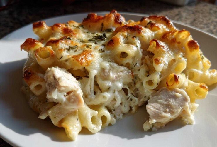 Close-up of a serving of Cheesy Chicken Alfredo Pasta Bake with mozzarella topping browned under the broiler.