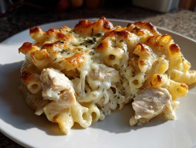 Close-up of a serving of Cheesy Chicken Alfredo Pasta Bake with mozzarella topping browned under the broiler.