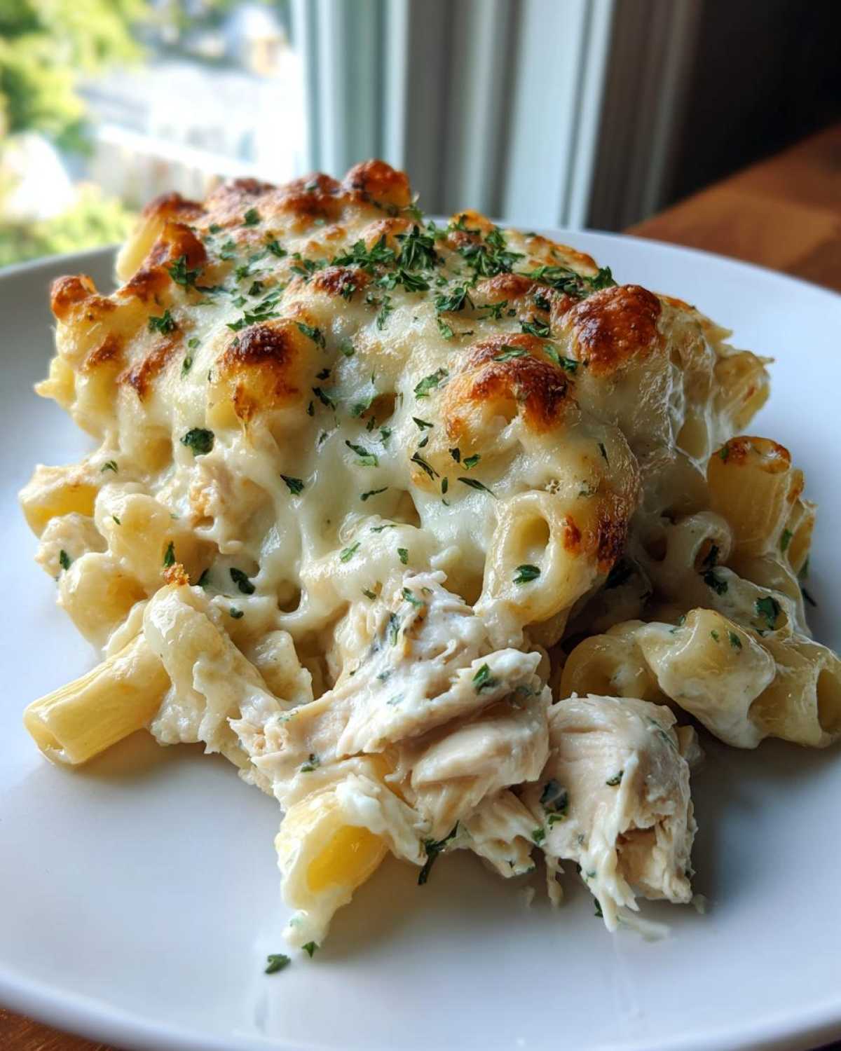 A serving of Cheesy Chicken Alfredo Pasta Bake with Mozzarella, featuring baked, bubbly cheese topping and shredded chicken.