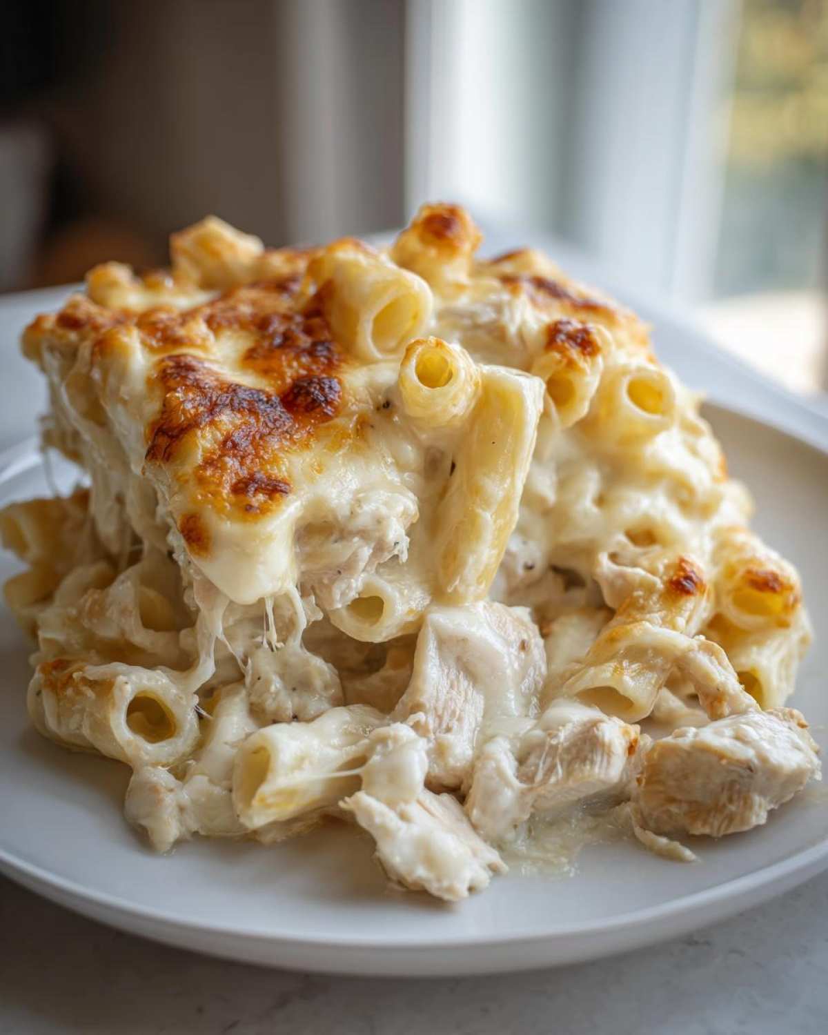 A close-up serving of Cheesy Chicken Alfredo Pasta Bake with Mozzarella, showing melted, browned cheese and chunks of chicken.