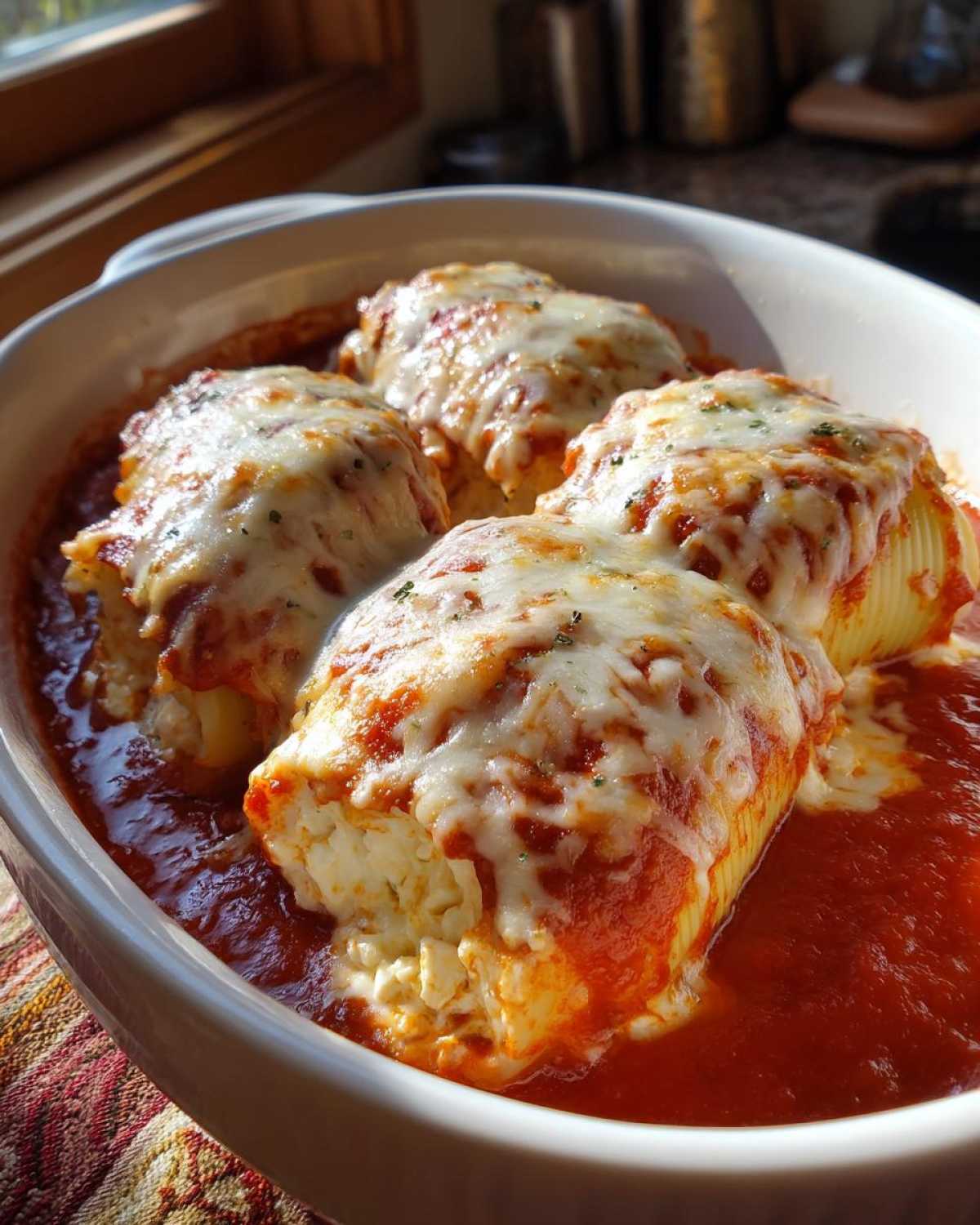 Four baked pasta shells filled with creamy mixture, covered in marinara sauce and melted cheese, representing Cheesy Chicken Alfredo Stuffed Pasta Shells.