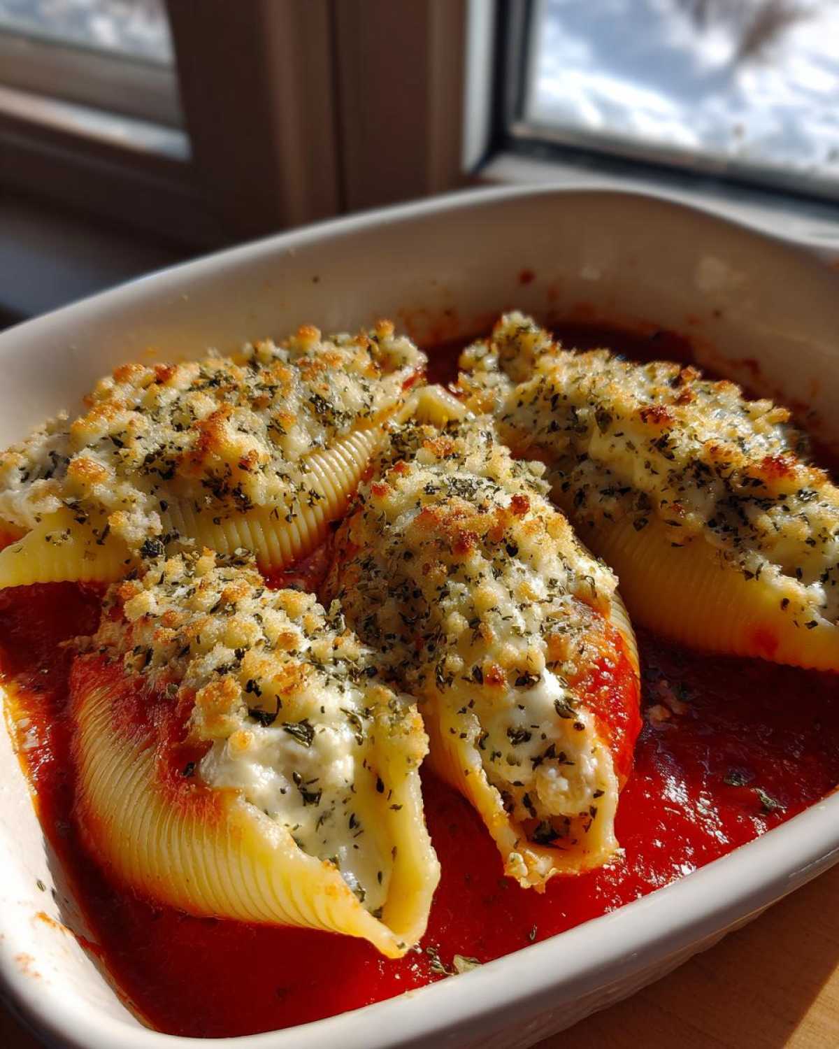 Four baked Cheesy Chicken Alfredo Stuffed Pasta Shells topped with browned breadcrumbs and herbs, sitting in a vibrant red sauce.