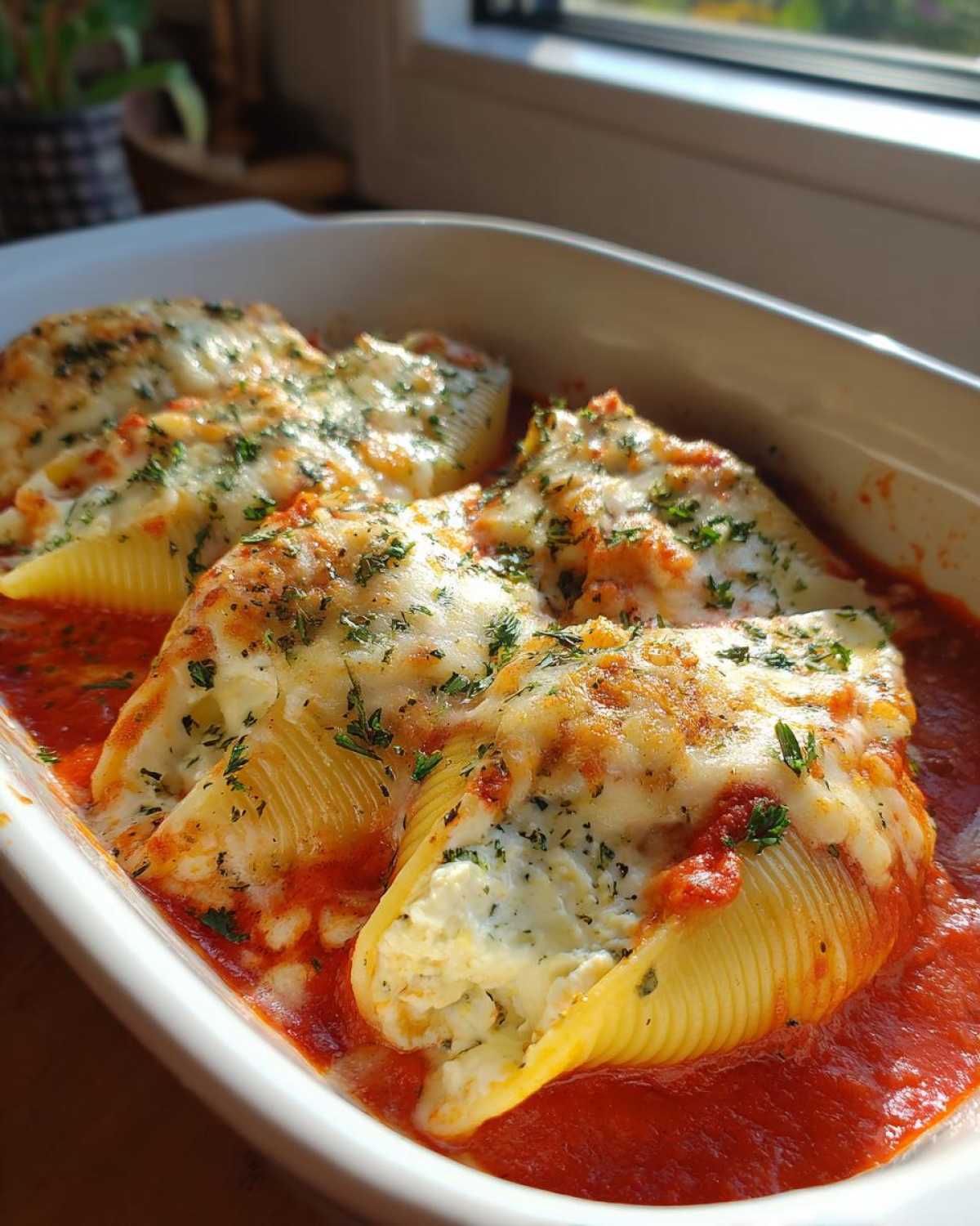 Close-up of baked Cheesy Chicken Alfredo Stuffed Pasta Shells topped with melted cheese and parsley in a red sauce.