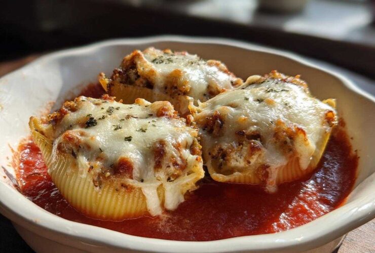 Three baked pasta shells filled and topped with melted cheese, resting in a pool of red sauce, representing Cheesy Chicken Alfredo Stuffed Pasta Shells.