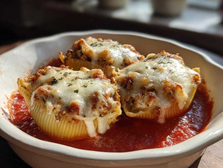 Three baked pasta shells filled and topped with melted cheese, resting in a pool of red sauce, representing Cheesy Chicken Alfredo Stuffed Pasta Shells.