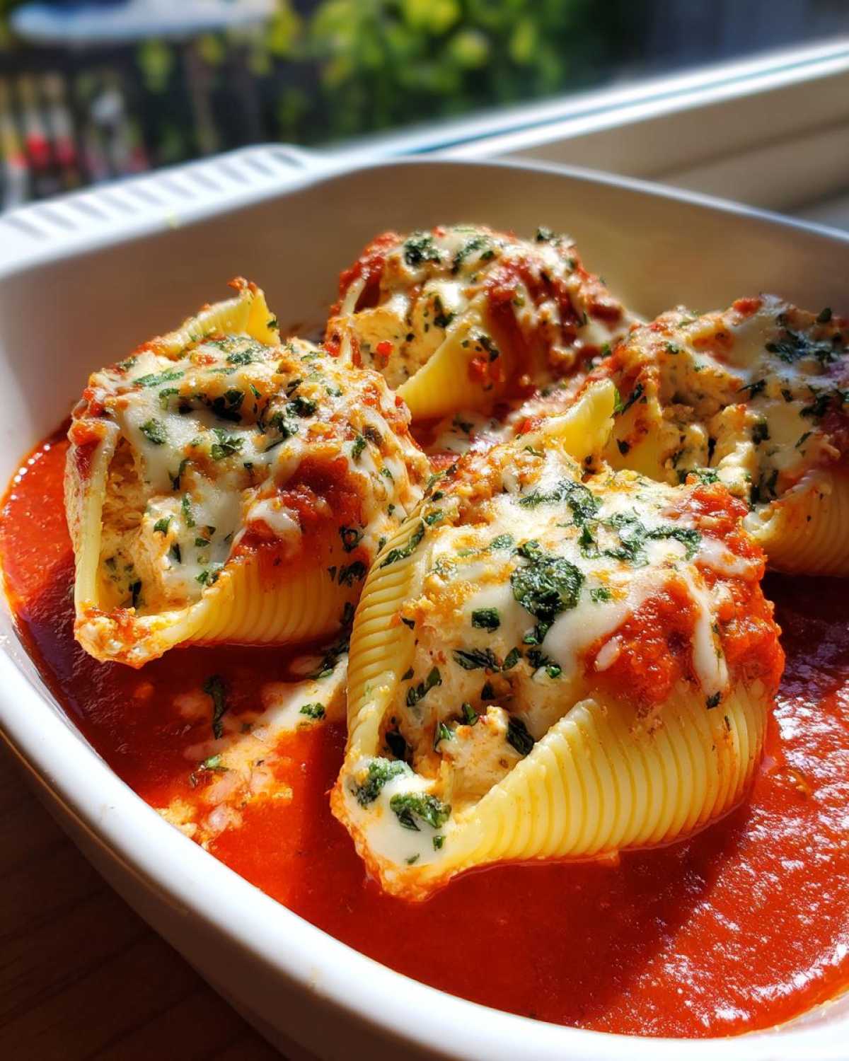 Four baked Cheesy Chicken Alfredo Stuffed Pasta Shells topped with melted cheese and parsley in a rich tomato sauce.