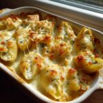 Close-up of baked Cheesy Chicken Alfredo Stuffed Shells bubbling with melted, browned cheese in a white baking dish.