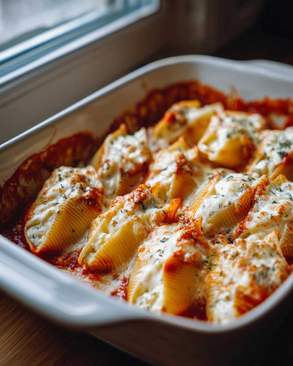 Close-up of baked Cheesy Chicken Alfredo Stuffed Shells covered in melted cheese and herbs in a white baking dish.