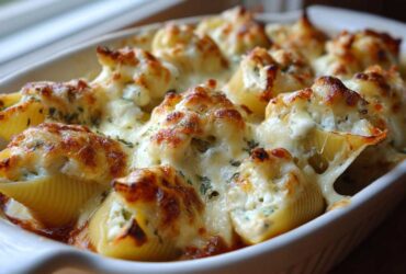 Close-up of baked Cheesy Chicken Alfredo Stuffed Shells covered in melted, browned cheese in a white baking dish.