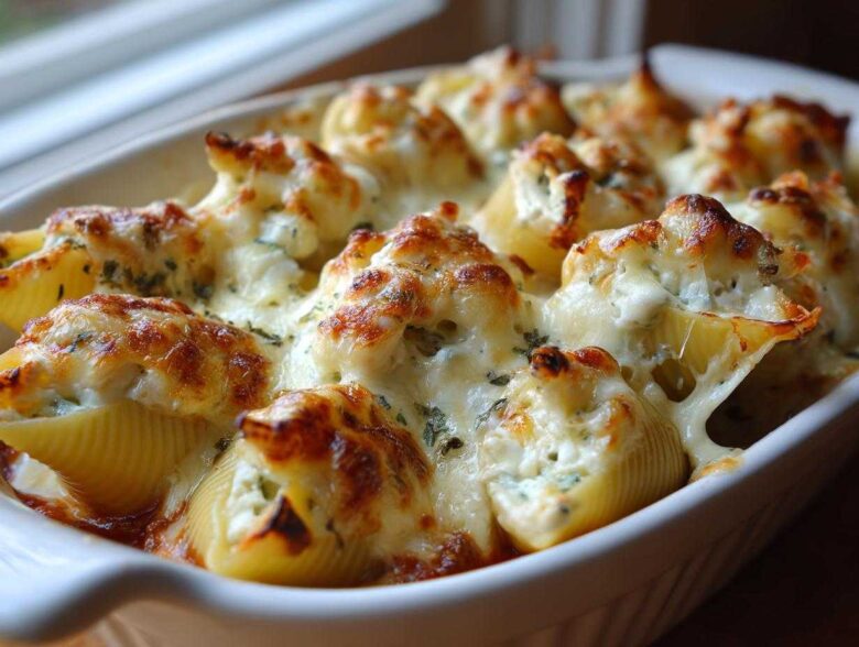 Close-up of baked Cheesy Chicken Alfredo Stuffed Shells covered in melted, browned cheese in a white baking dish.