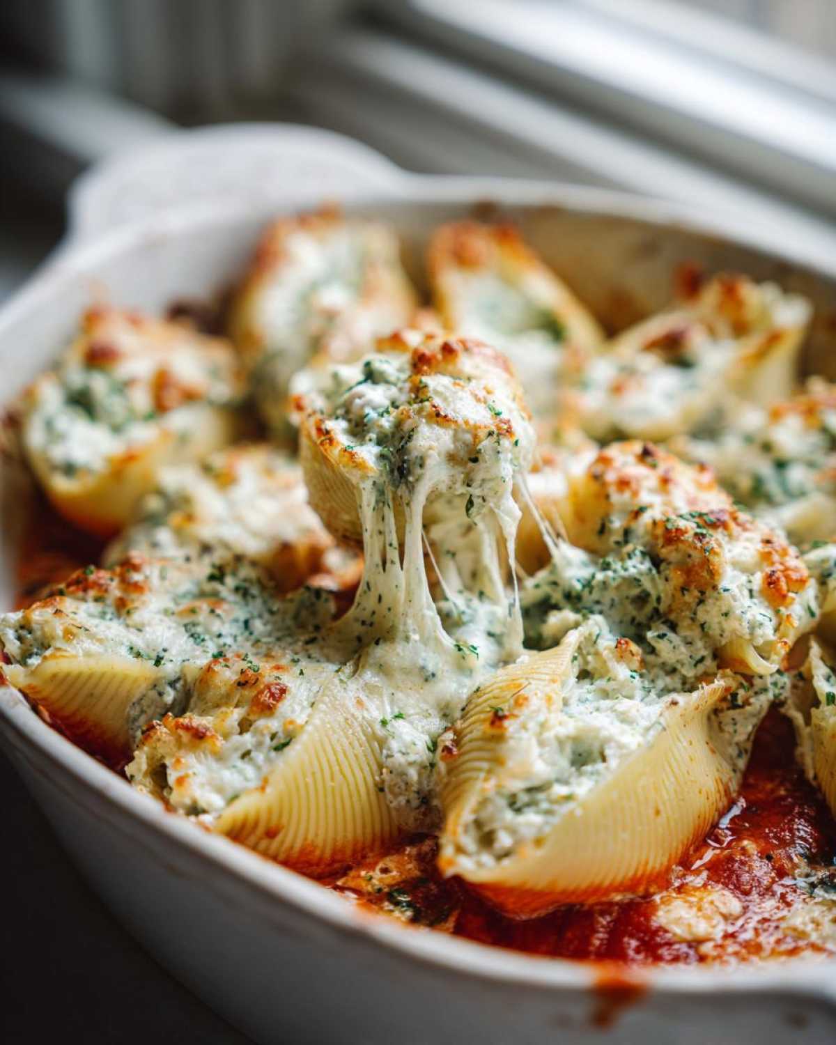 A close-up of baked Cheesy Chicken Alfredo Stuffed Shells with a dramatic cheese pull from one shell.