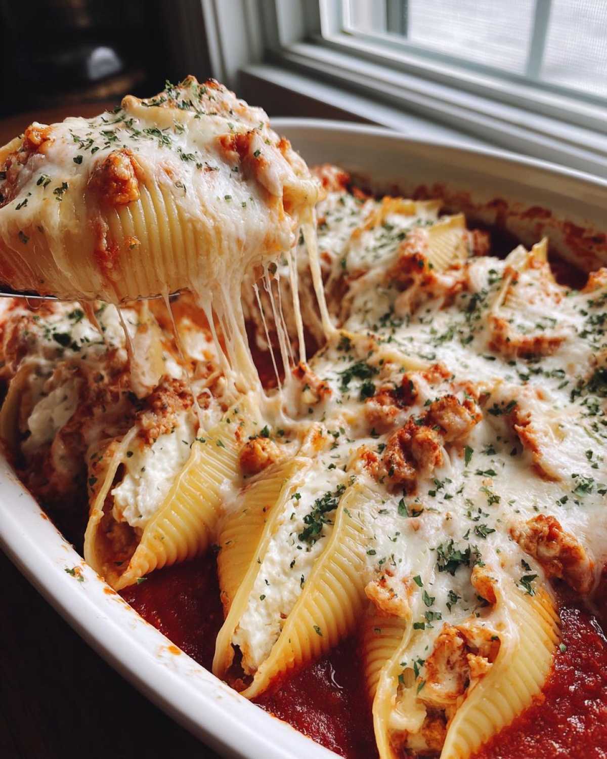 A serving spoon lifts a cheesy portion of Cheesy Chicken Alfredo Stuffed Shells, showing a dramatic cheese pull.