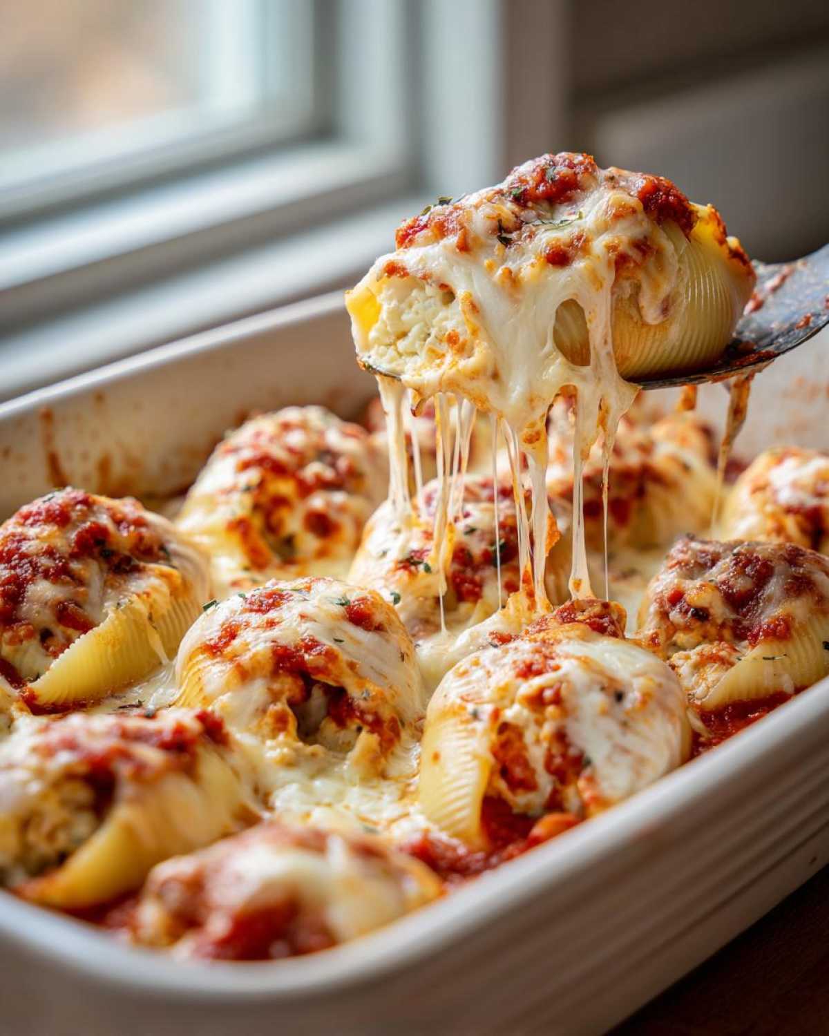 A spoonful of Cheesy Chicken Alfredo Stuffed Shells showing an incredible cheese pull over the baking dish.