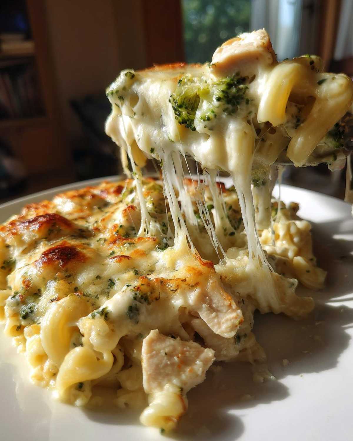 A fork lifts a portion of Cheesy Chicken and Broccoli Pasta Bake, showing an extreme, satisfying cheese pull.