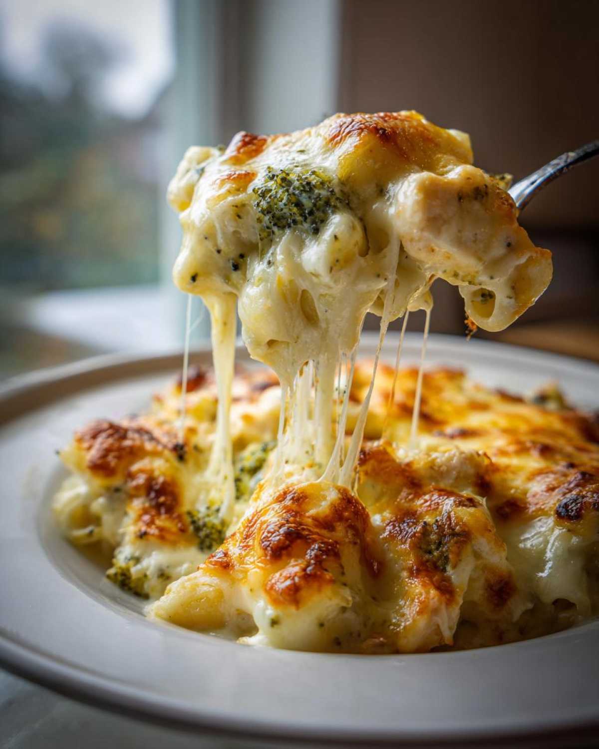 A fork lifting a portion of Cheesy Chicken and Broccoli Pasta Bake, showing extreme cheese pull.