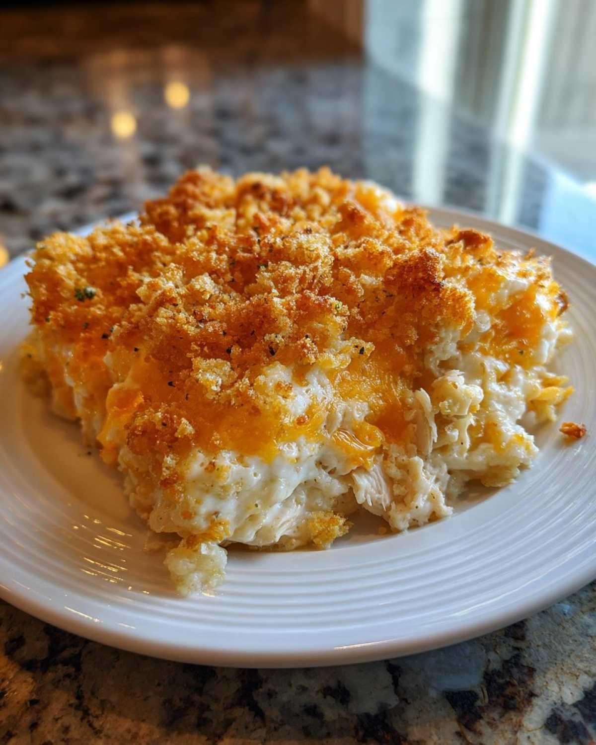 A serving of Cheesy Chicken and Rice Bake featuring a creamy interior and a crunchy, golden top layer of cheese and breadcrumbs.