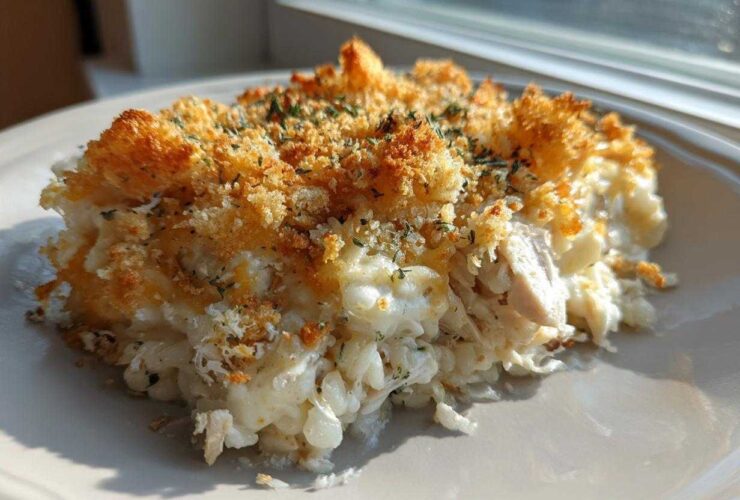 A serving of Cheesy Chicken and Rice Bake with a crispy, golden breadcrumb topping, served on a white plate.