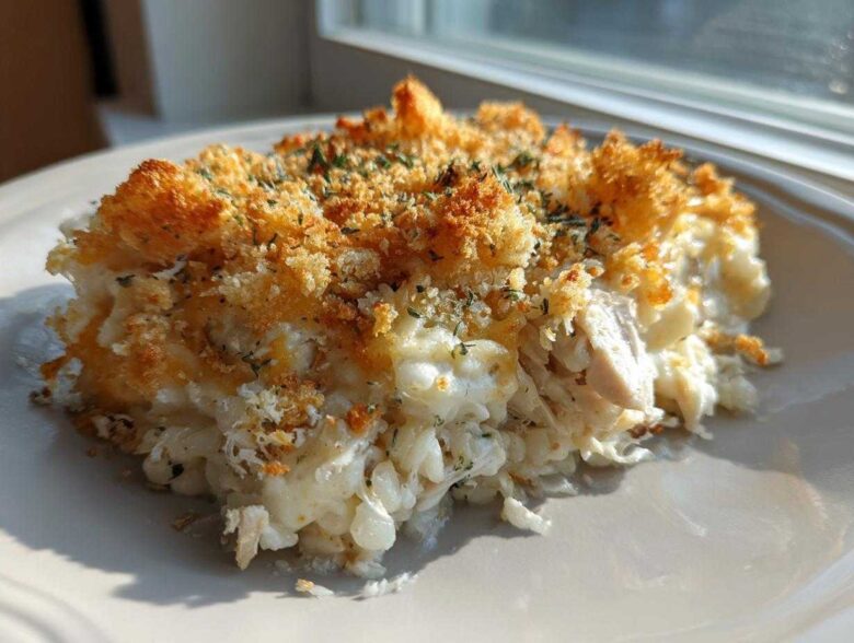 A serving of Cheesy Chicken and Rice Bake with a crispy, golden breadcrumb topping, served on a white plate.