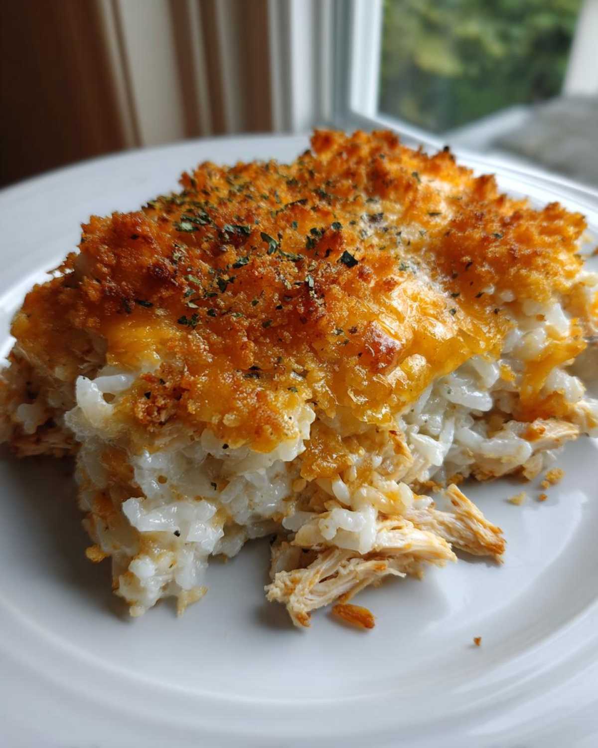 A close-up serving of Cheesy Chicken and Rice Bake showing shredded chicken, white rice, and a crispy, golden, cheesy top.
