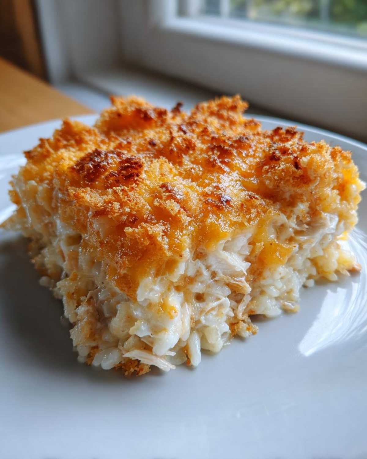 A square serving of Cheesy Chicken and Rice Bake with a perfectly golden, crispy topping, served on a white plate.