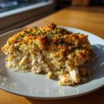 A generous serving of Cheesy Chicken and Rice Bake with a crunchy, golden breadcrumb topping, garnished with fresh herbs.