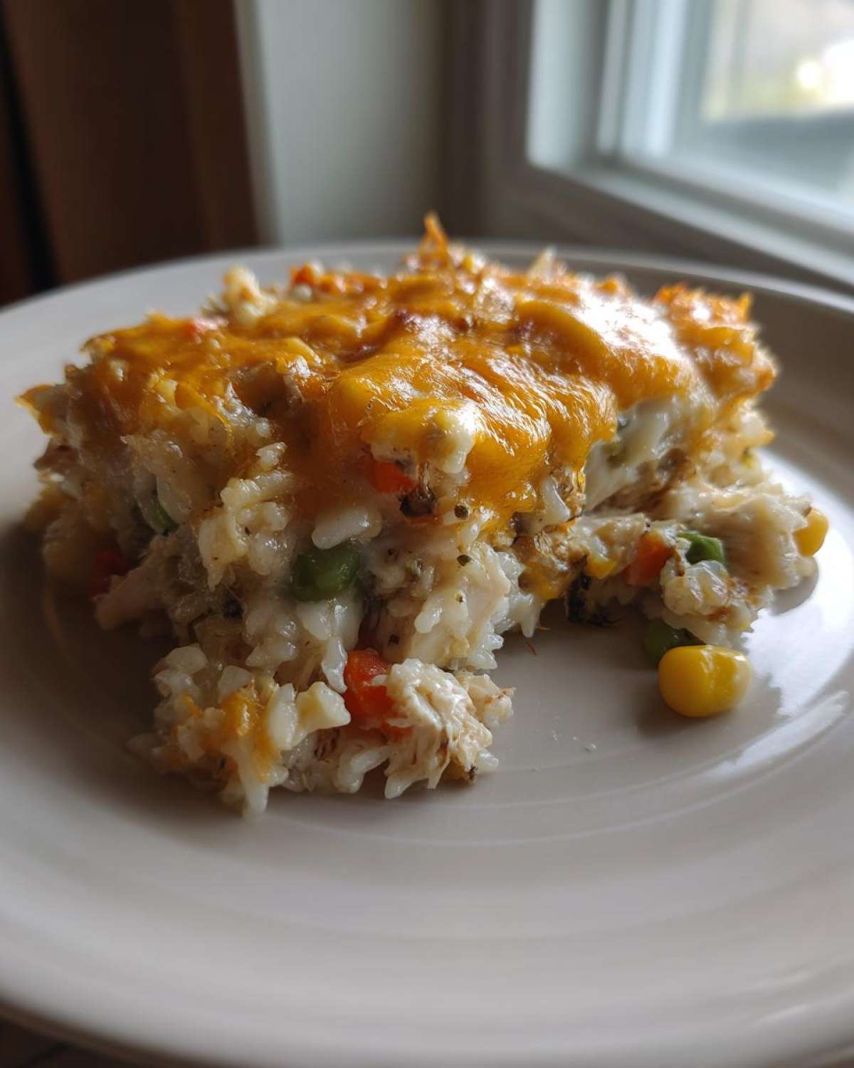 A close-up serving of Cheesy Chicken and Rice Casserole Easy Bake topped with melted cheddar cheese.