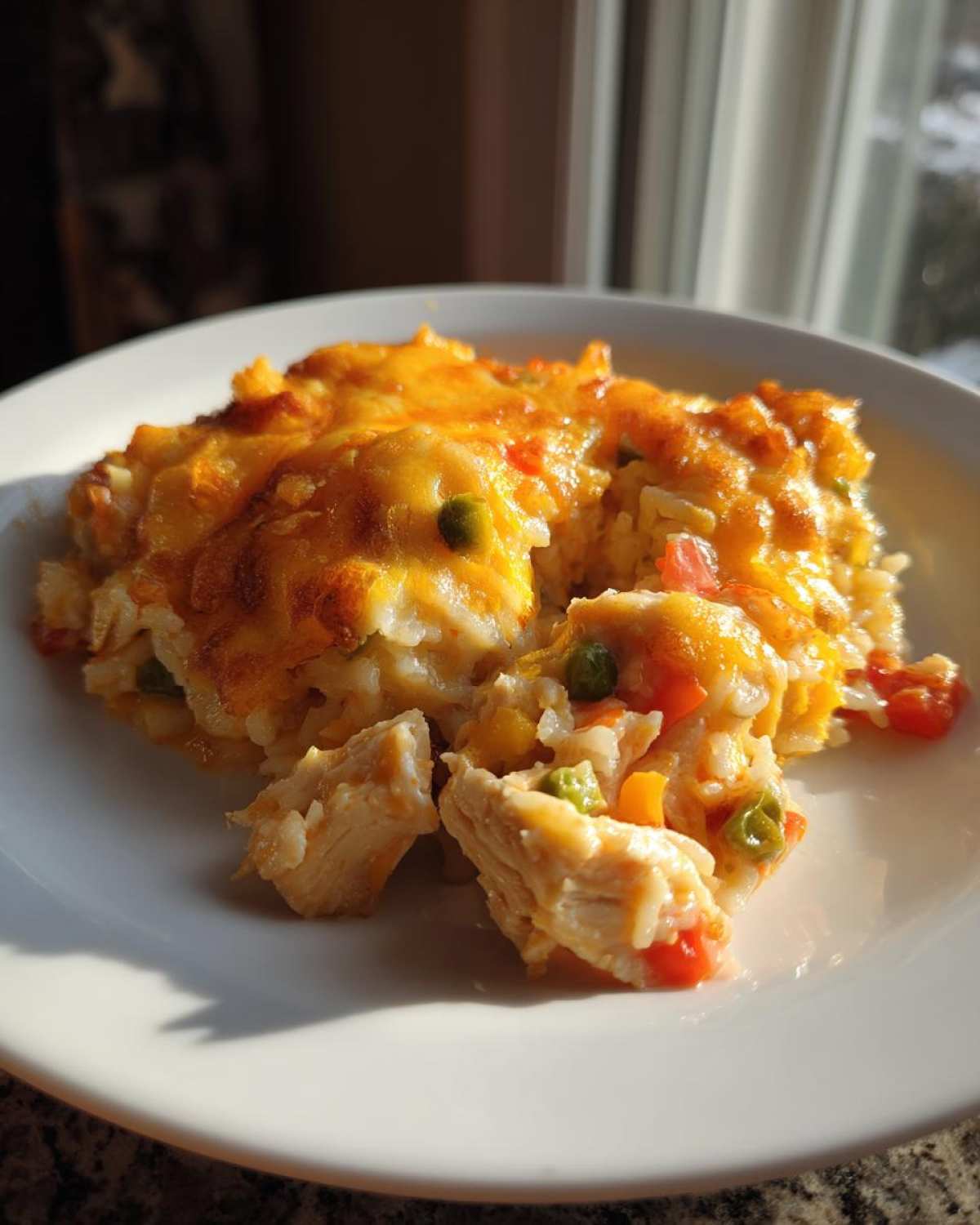 A serving of Cheesy Chicken and Rice Casserole Easy Bake with melted cheddar cheese topping, chicken chunks, and mixed vegetables.