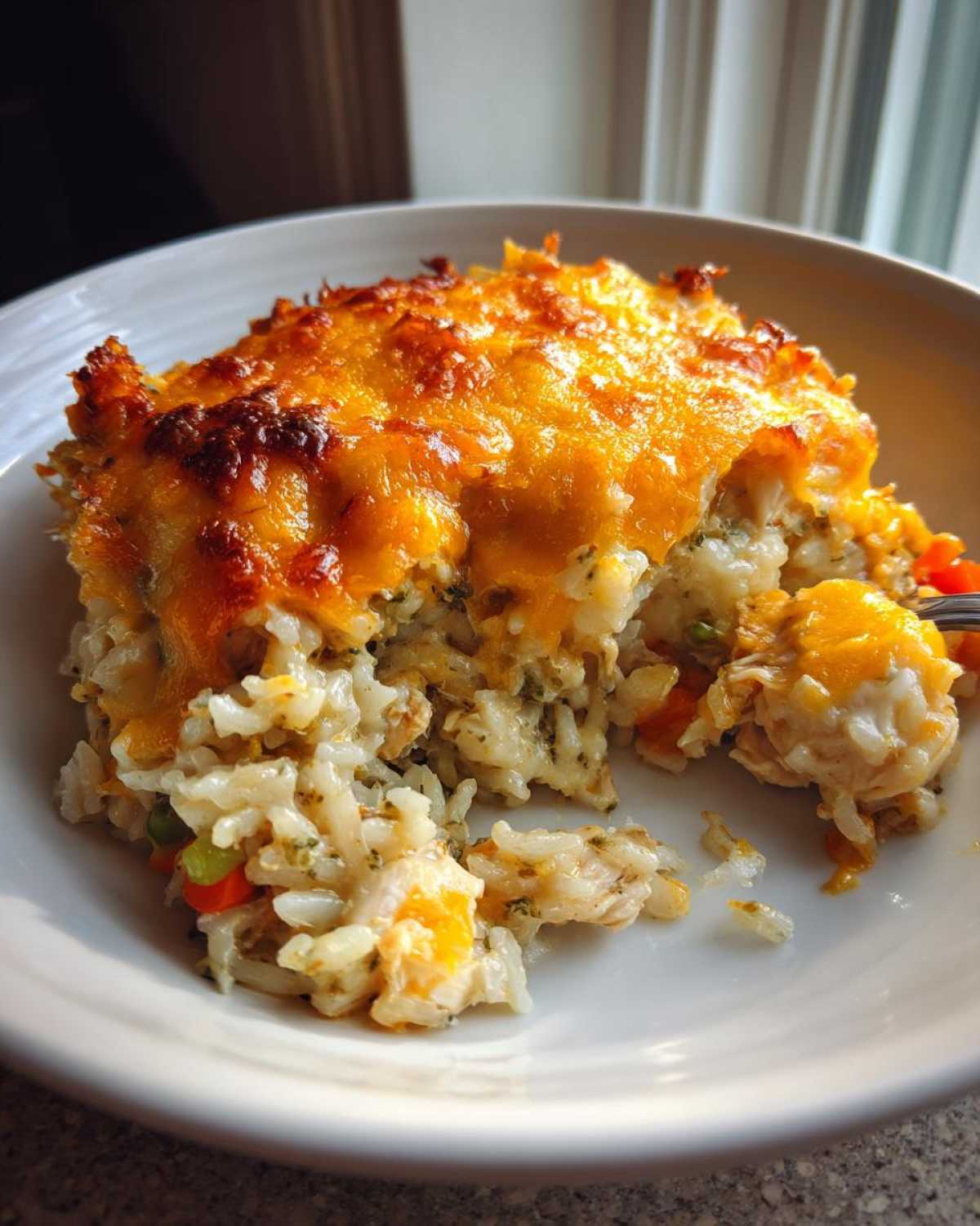 A scoop of Cheesy Chicken and Rice Casserole Easy Bake with a golden, melted cheese topping in a white bowl.